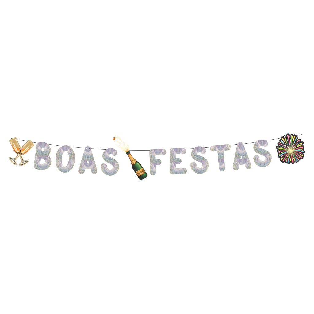 Varal Metalizado Boas Festas Prata Glitter com Apliques
