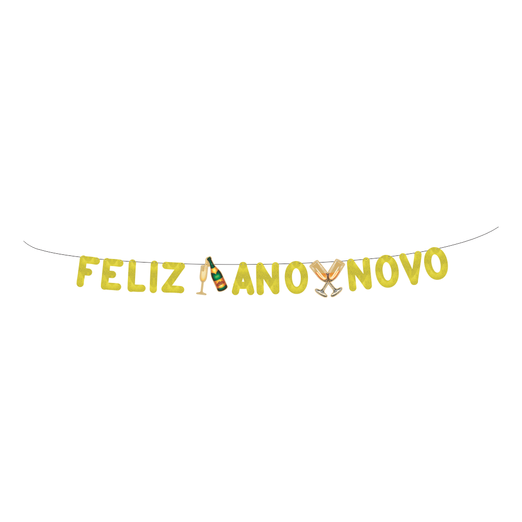 Varal Metalizado Feliz Ano Novo Amarelo Glitter com Apliques