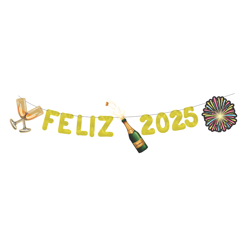 Varal Metalizado Feliz 2025 com Apliques