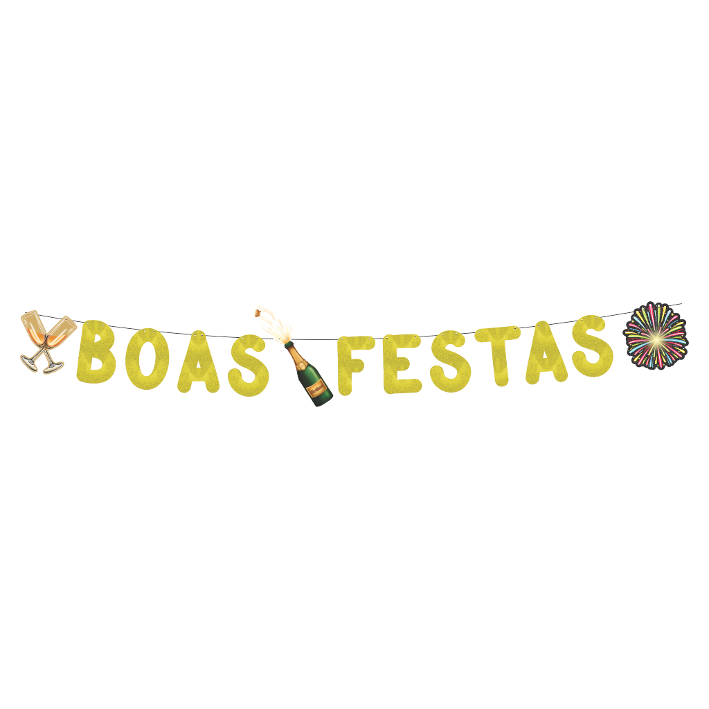 Varal Metalizado Boas Festas Amarelo Glitter com Apliques