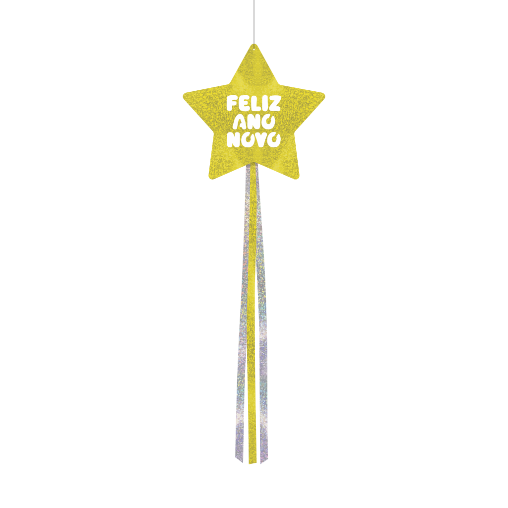 Decoração de Pendurar Metalizada Estrela - Feliz Ano Novo - Glitter Amarelo