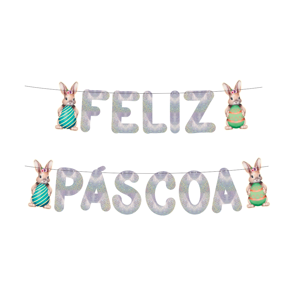 Varal Metalizado Feliz Páscoa com Apliques - Glitter Prata - 1 un.