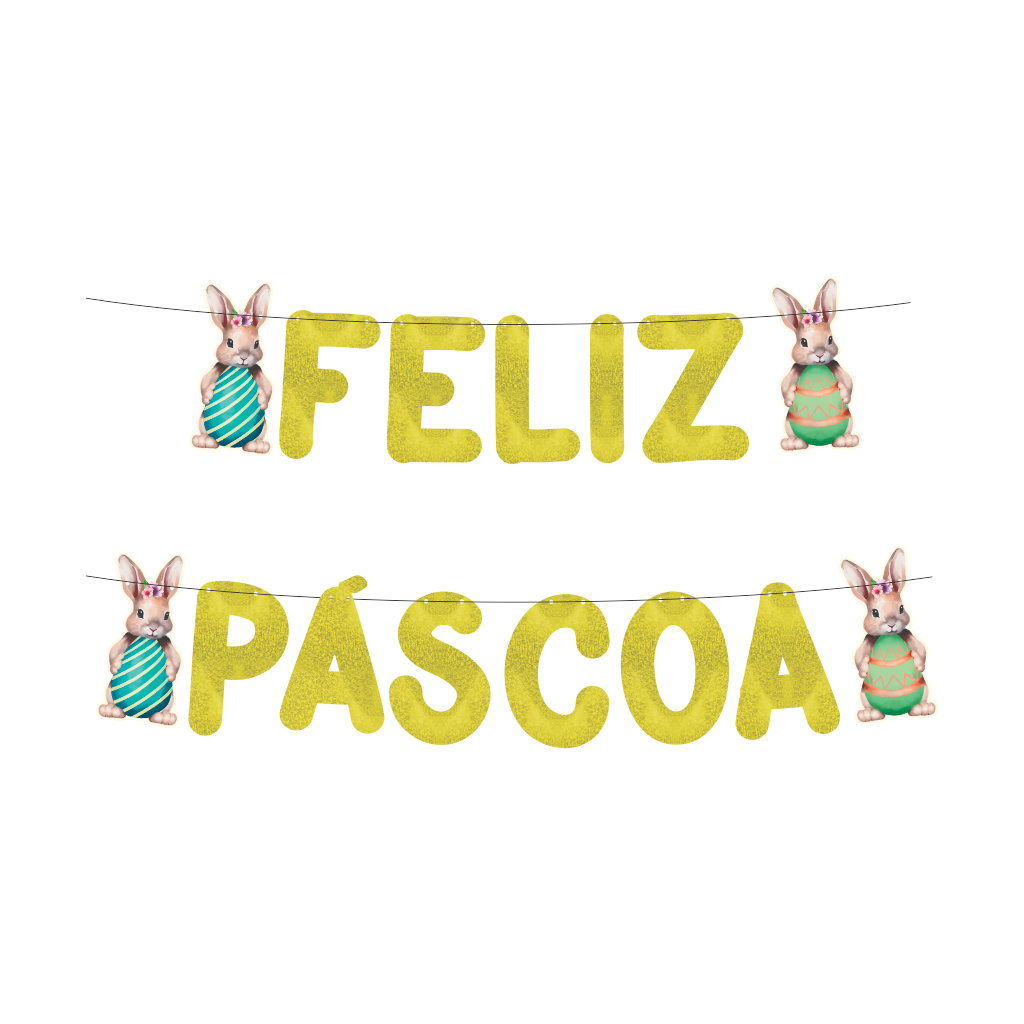 Varal Metalizado Feliz Páscoa com Apliques - Glitter Amarelo - 1 un.