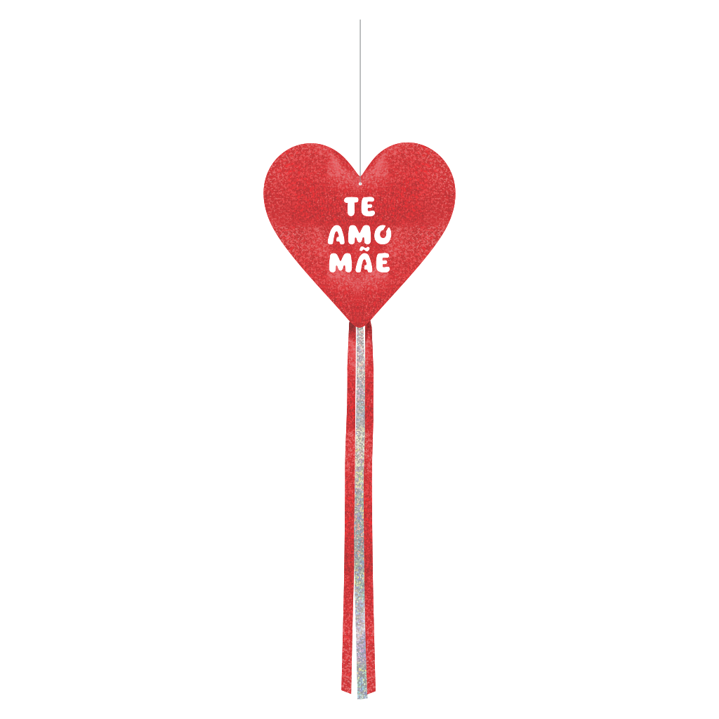 Decoração de Pendurar Metalizada Vermelho Glitter - Coração Te Amo Mãe