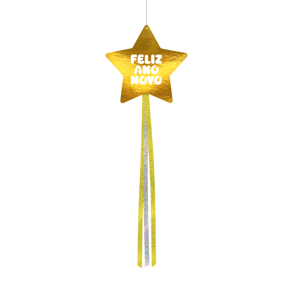 Decoração de Pendurar Metalizada Estrela - Feliz Ano Novo - Ouro