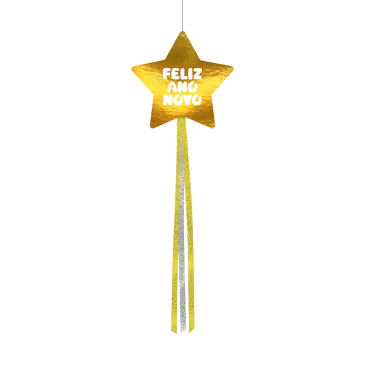 Decoração de Pendurar Metalizada Estrela - Feliz Ano Novo - Ouro