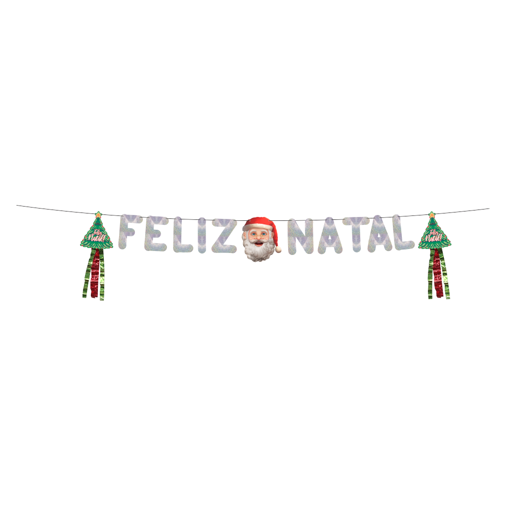 Varal Metalizado Feliz Natal Glitter Prata com Apliques