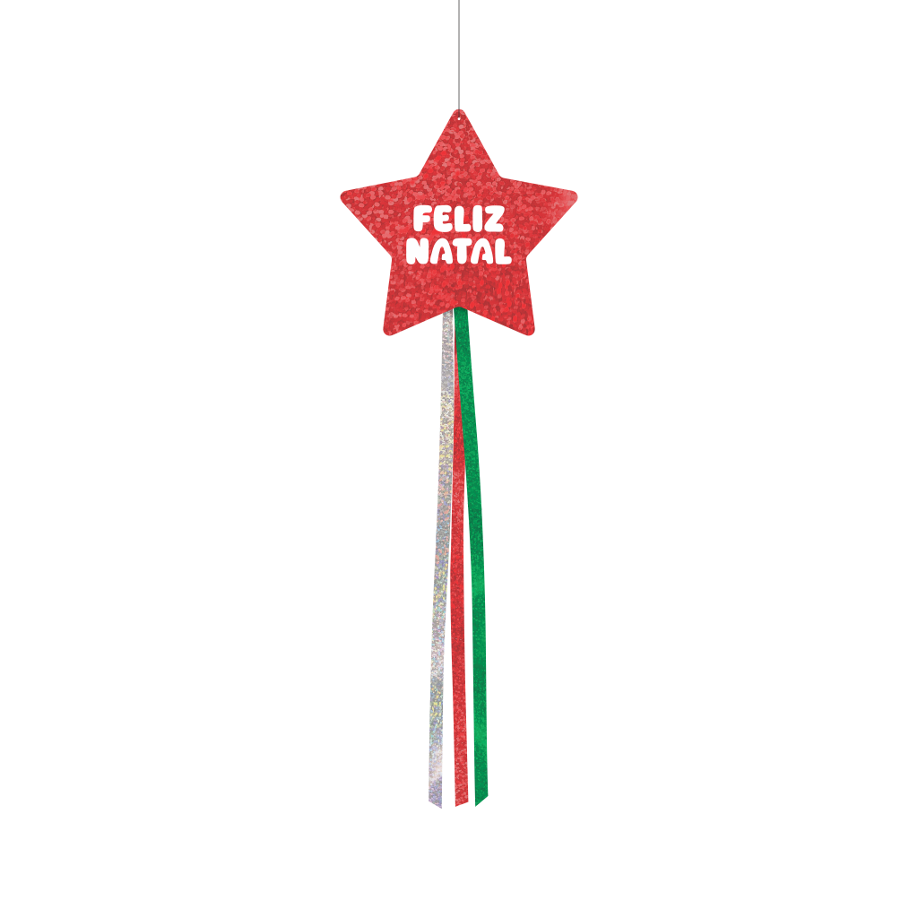 Decoração de Pendurar Metalizada Estrela - Feliz Natal - Glitter Vermelho