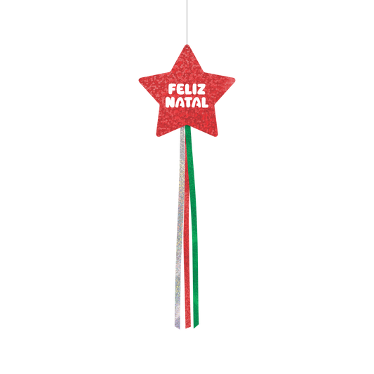 Decoração de Pendurar Metalizada Estrela - Feliz Natal - Glitter Vermelho